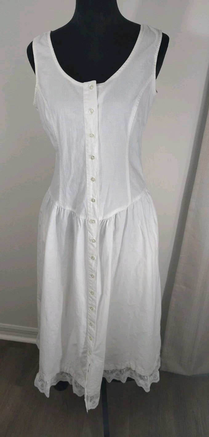 Vintage 80s Timely Trends Heavy Cotton Drop Waist Midi Dress White Lace Medium