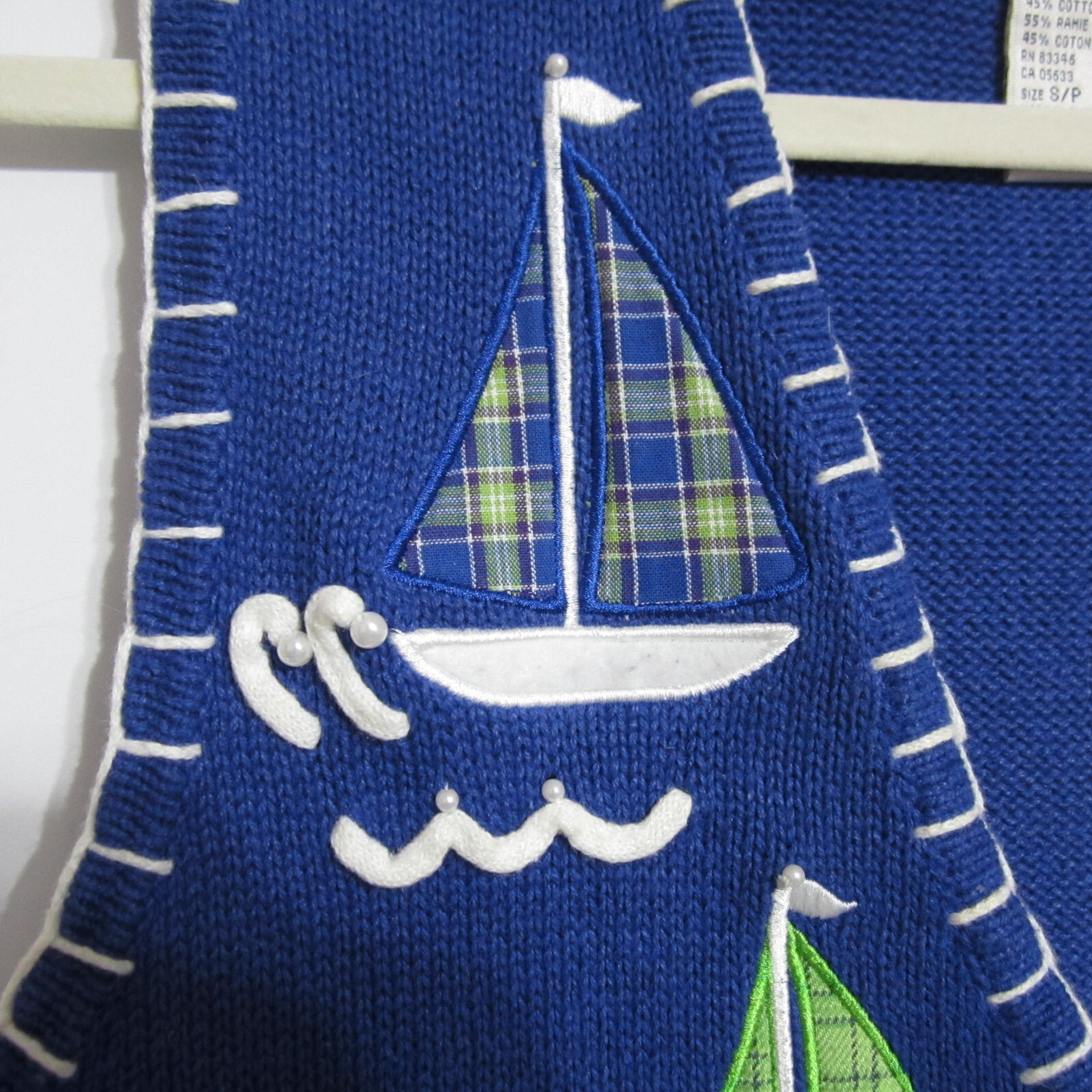 Vintage Mandal Bay Knit Vest Size S/P Blue with Plaid Sailboats & Beaded Detail