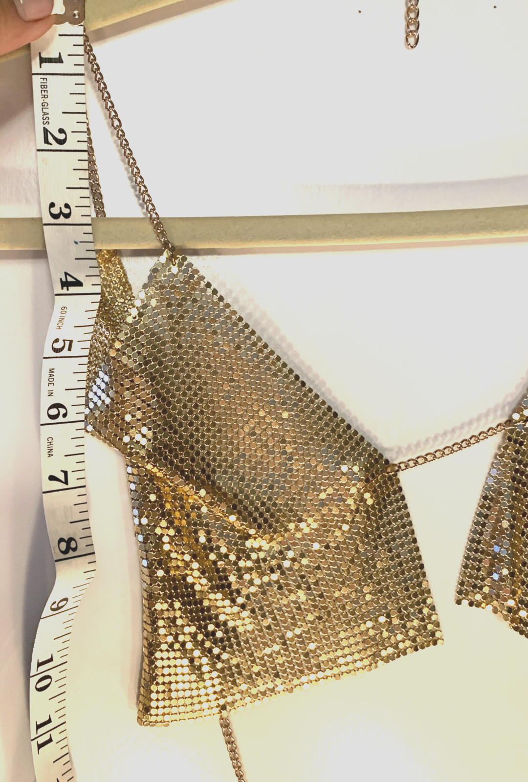 VTG 1980s Gold Mesh Backless Halter Top Bra Style Shoulders w/ Back Chain Size S