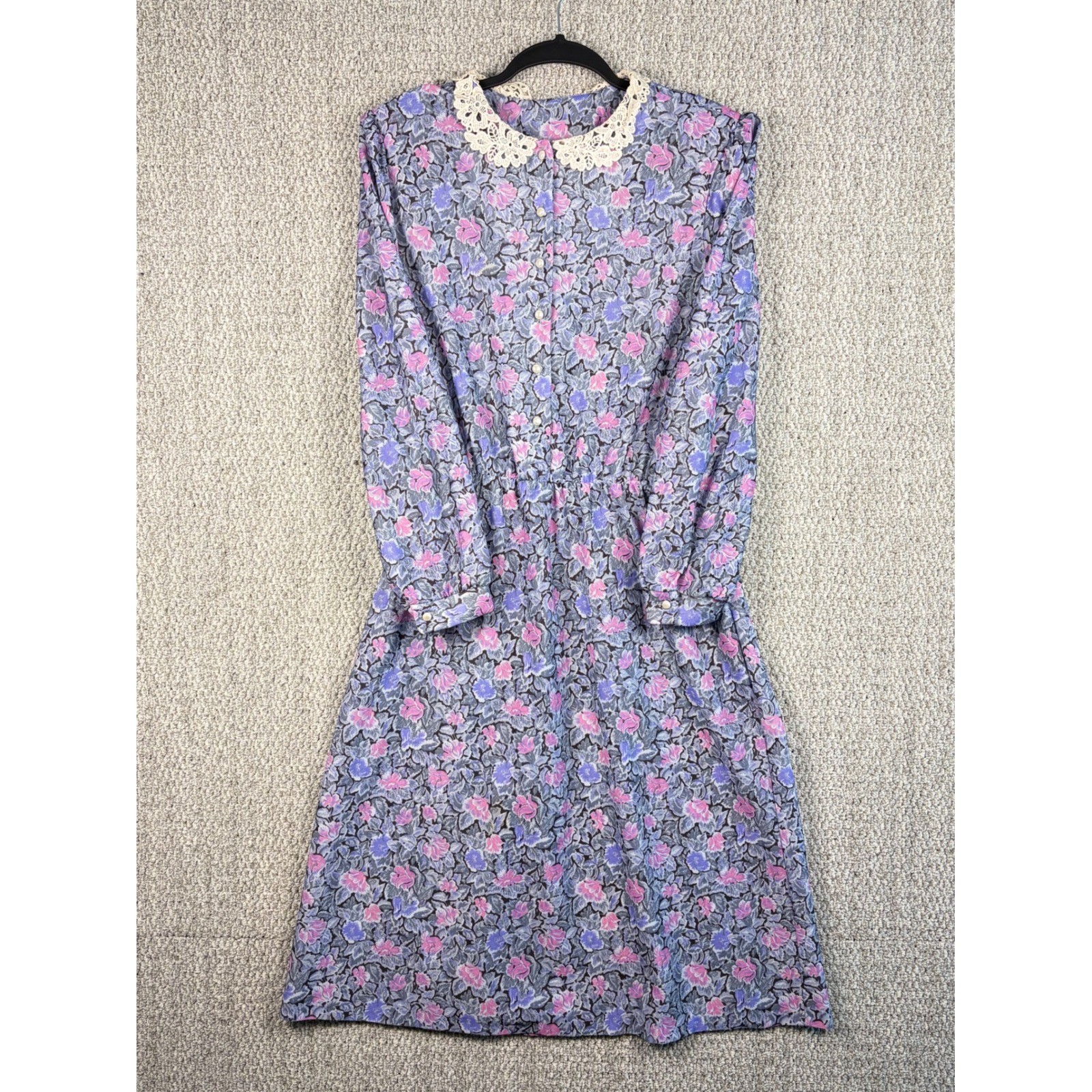 Vintage Sue Sherry 70s Union Made Belted Shoulder Pad Floral Lace Dress 16