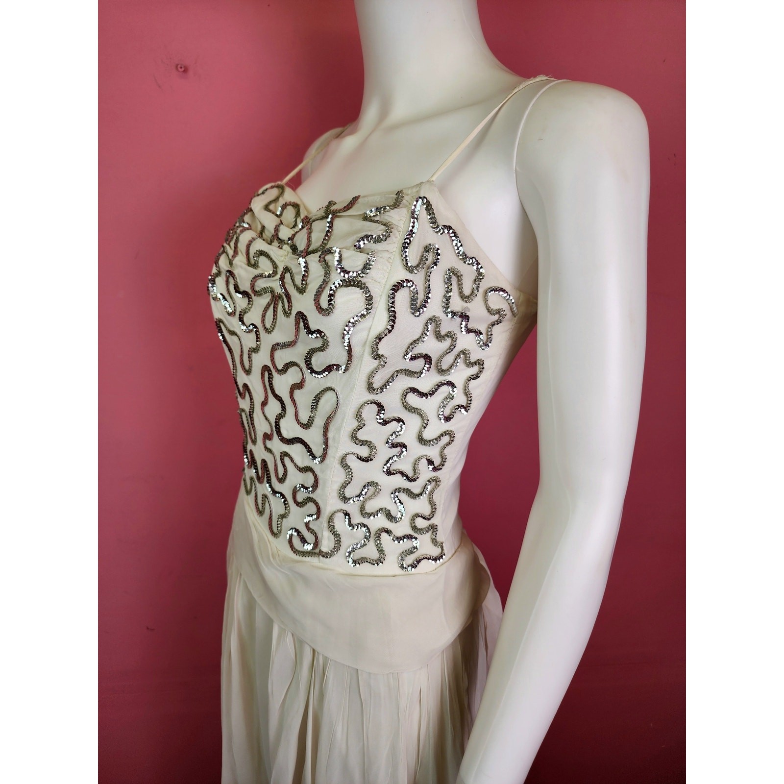 Vintage Late 1940’s White and Silver Sequin Bodice Chiffon Gown with Bow Back