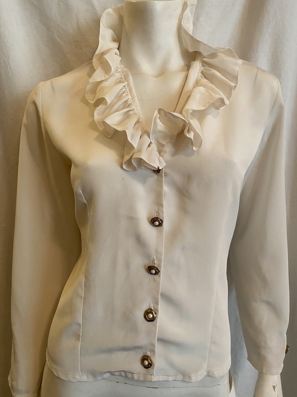 Vtg 1980s Charlotte Halton Cream Poly Crepe Ruffle Blouse – Size M US 8 / UK 12