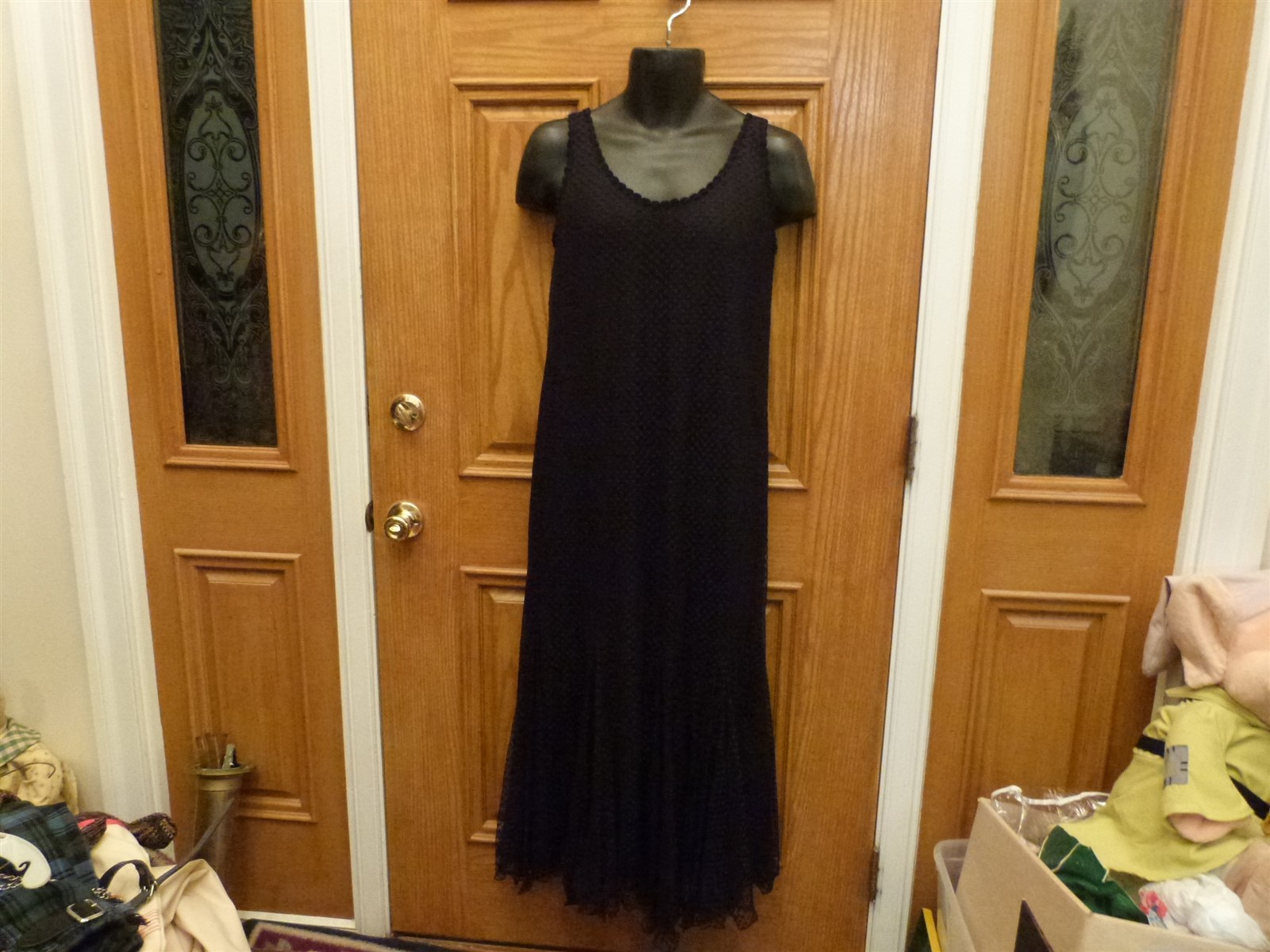 VTG 1980s black swiss polka dot flapper sheath long gothic dress & sheer jacket