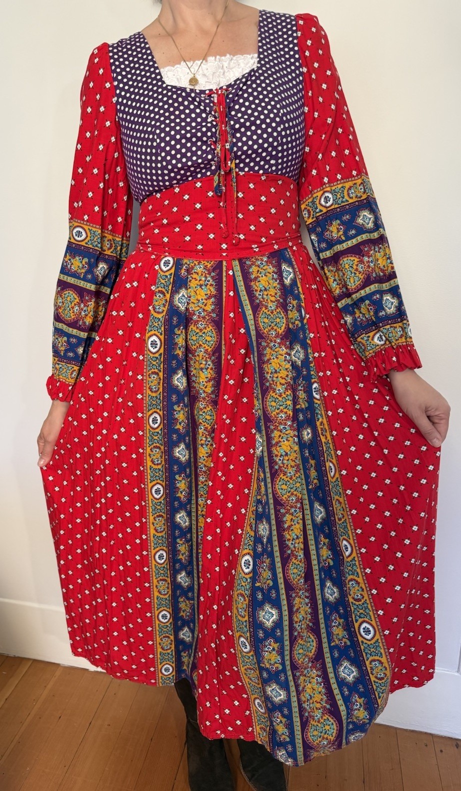 Vintage 60’s-70’s Shelly’s Tall Girl Boho Prairie Hippy Dress Corset Festival M
