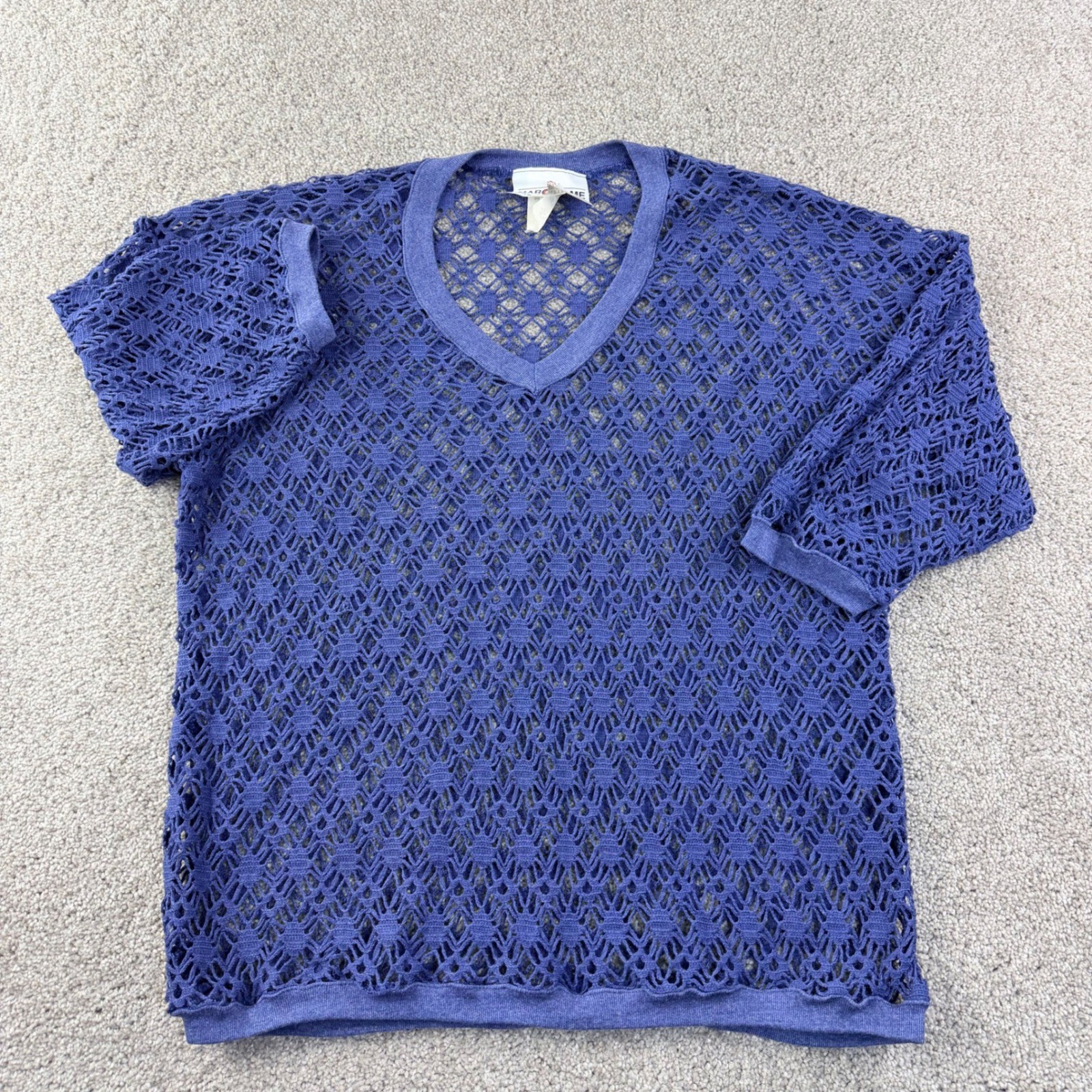 Marcy N’ Me Crochet Sweater Women M Blue Vintage 80s Boho Open Knit V-Neck Artsy