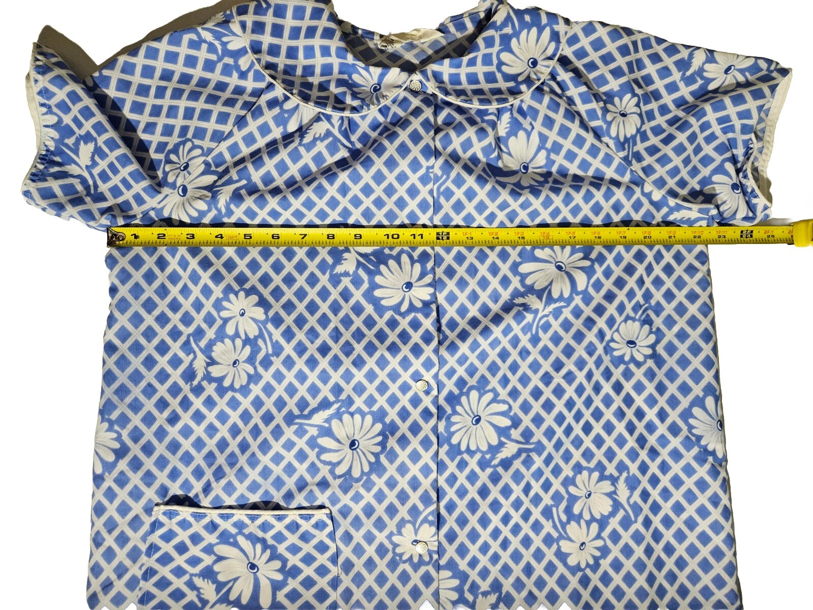 VTG Caper Coat Housecoat Nightgown Medium Retro Mod Button Up Blue Floral Check