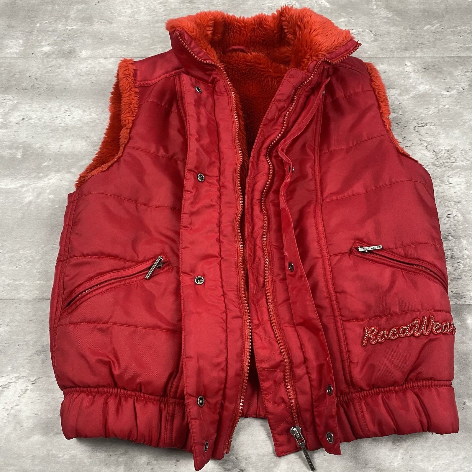 vintage ROCAWEAR vest womens fleece lined red puffer Y2K retro street wear zip