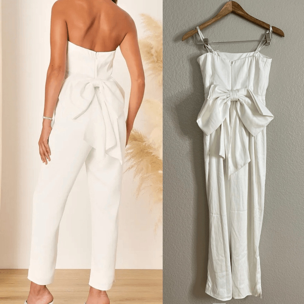 Lulus Beloved Bliss Ivory Strapless Slim Leg Bow Jumpsuit