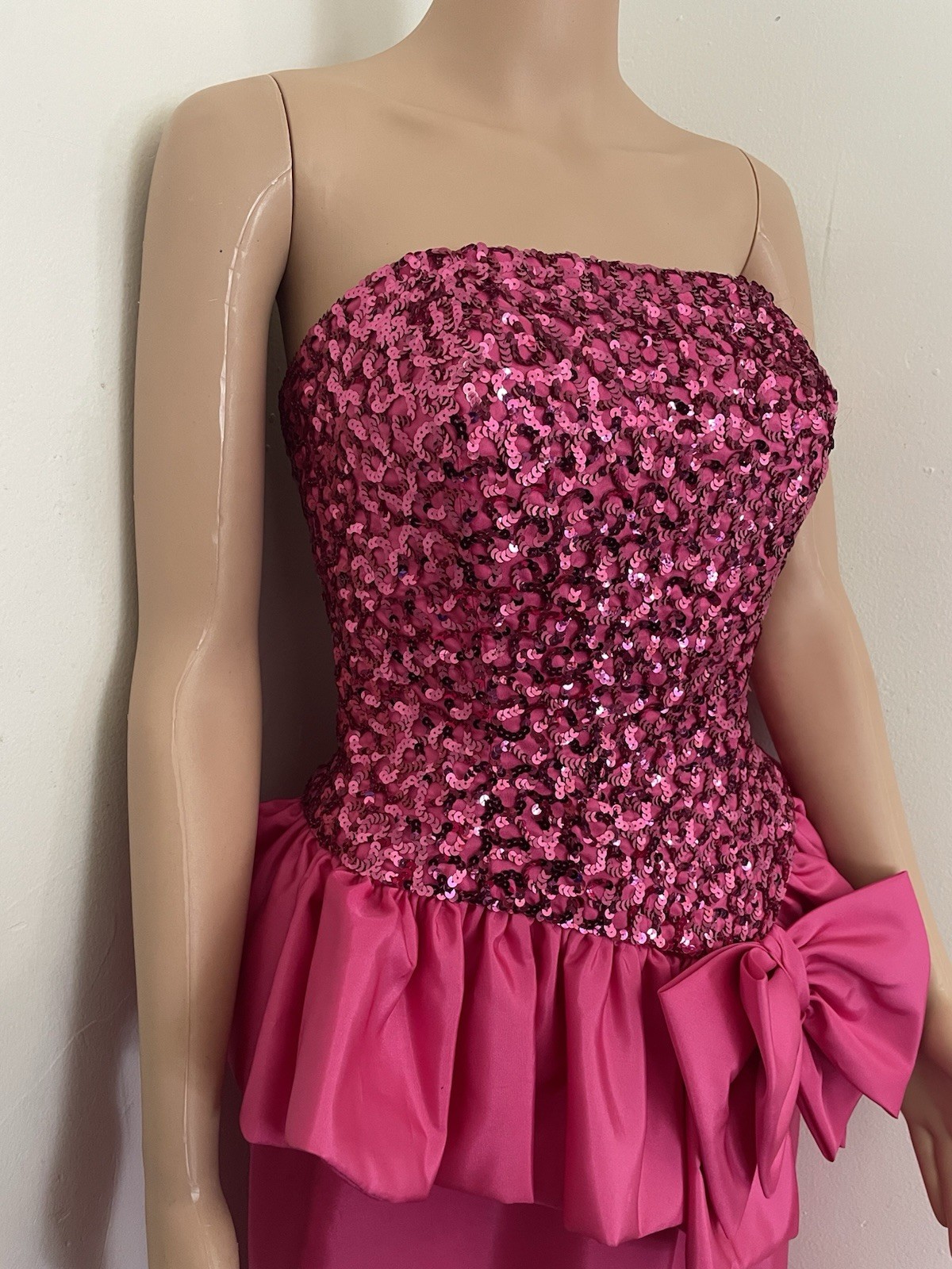 VTG 80s Mike Benet Pink Satin Sequin Strapless Peplum Formal Party Prom Dress
