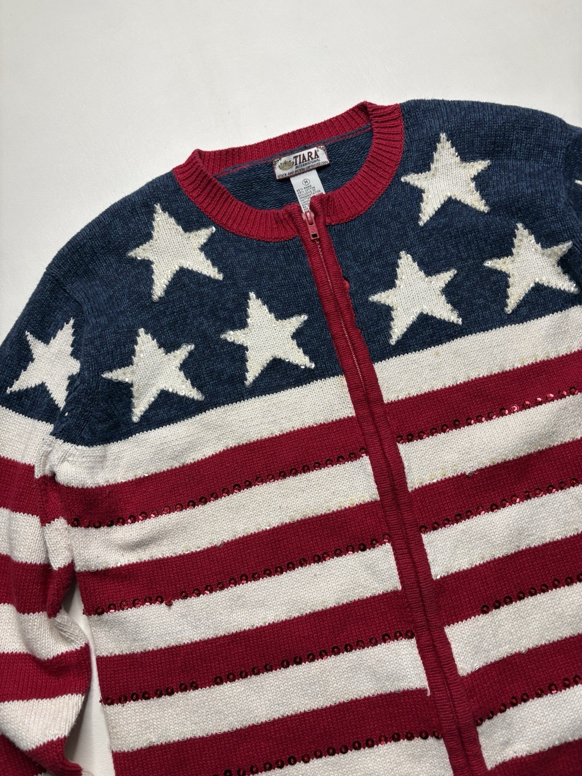 Vintage 2004 Tiara American Flag Knit Full Zip Sequin Sweater Medium