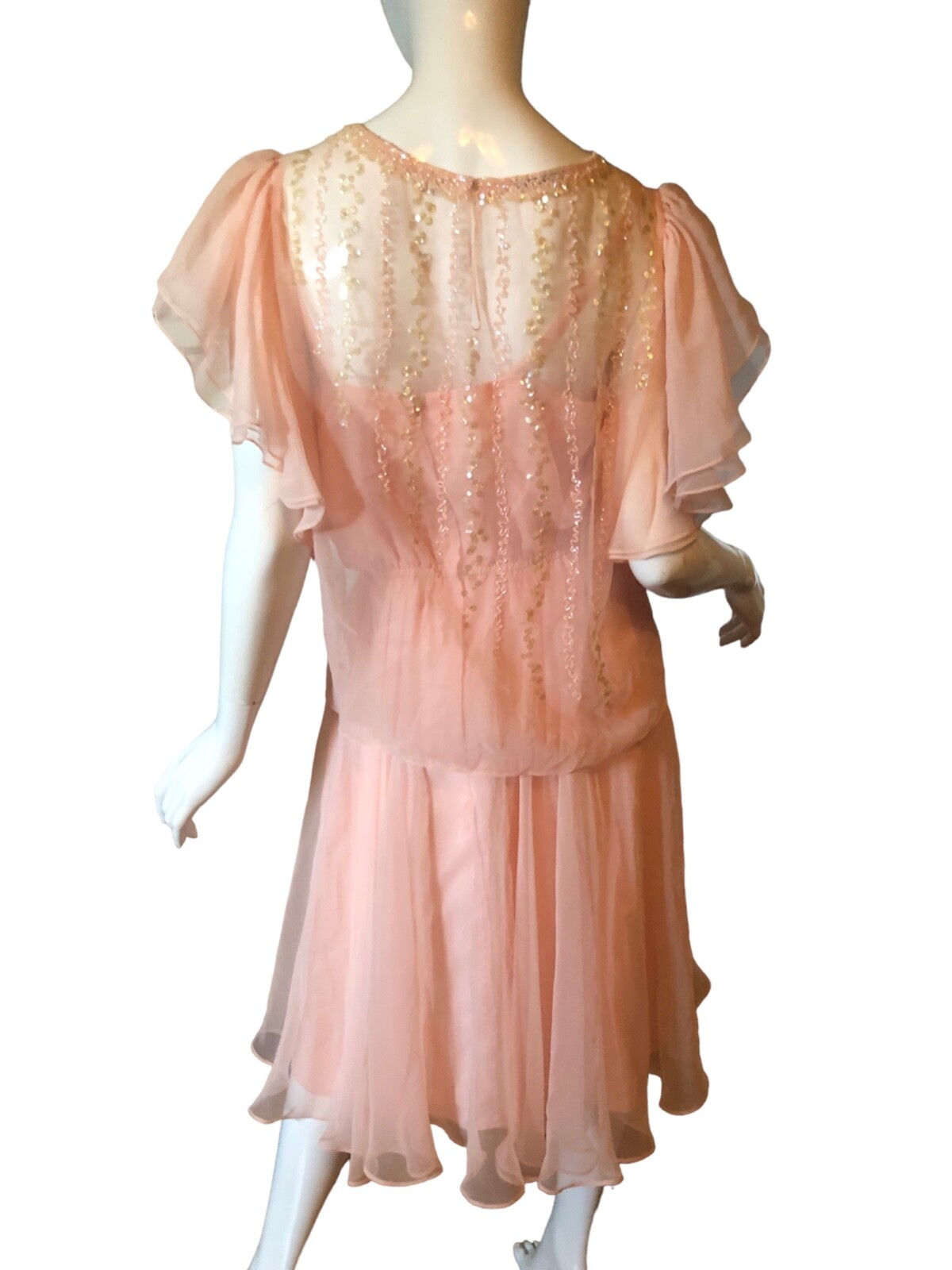 Vtg 70s 80s JACK BRYAN Dress Set 14 M Pink RUFFLE Beaded SEQUIN CHIFFON COQUETTE