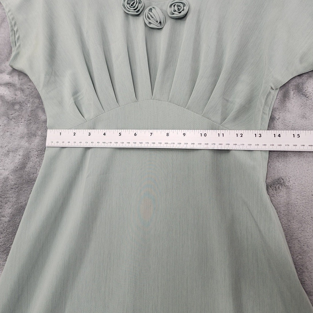 Vintage 90s CDC Dress Womens 4 Green Pleated Short Sleeve Empire Waist Midi Zip