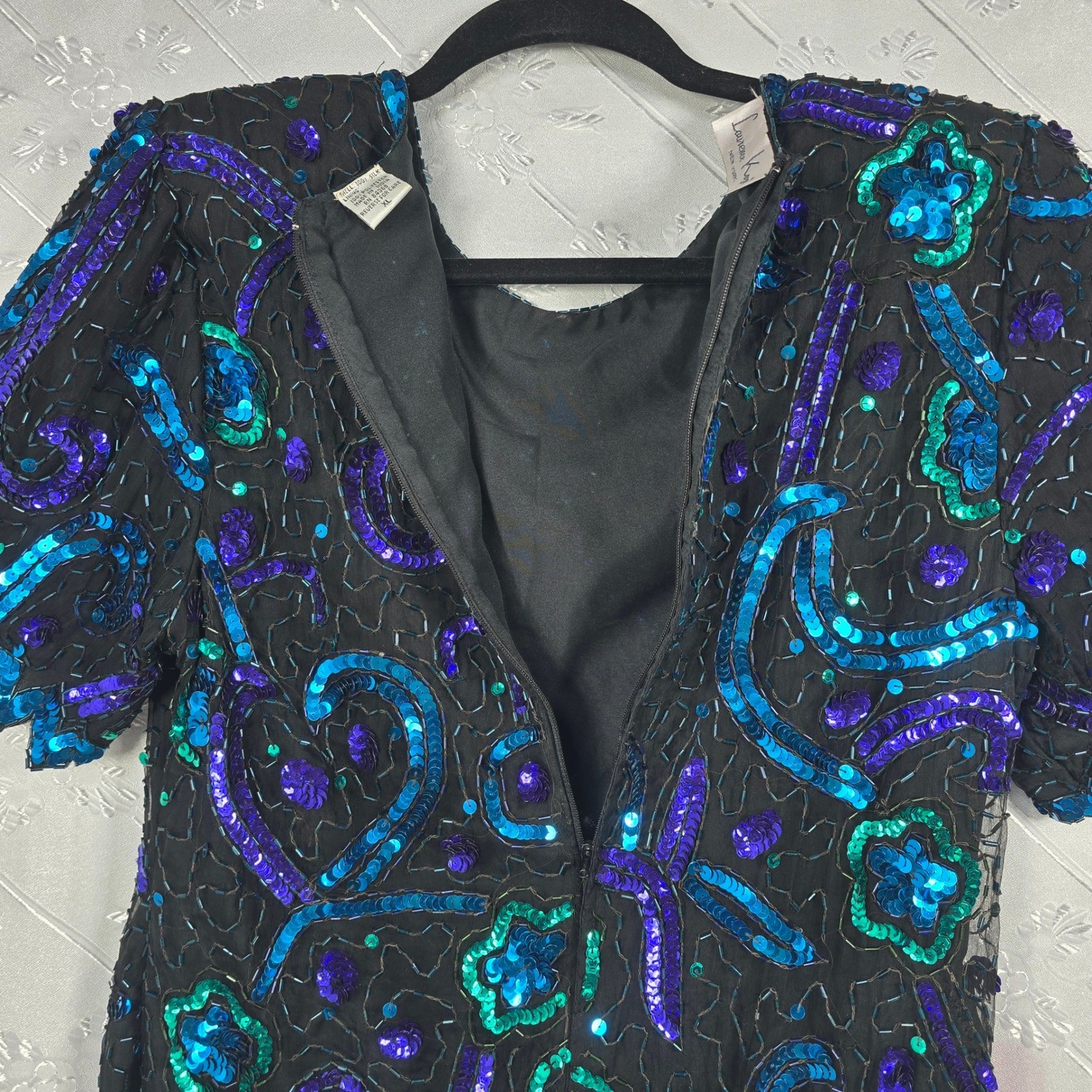 Laurence Kazar Top Womens XL Vintage Black Blue Teal Sequin Beaded Silk EUC