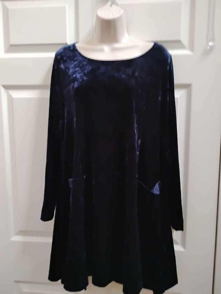 MODA INT’L Women’s Large A-Line Dress Blue Crush Velvet Long Sleeves Pockets VTG