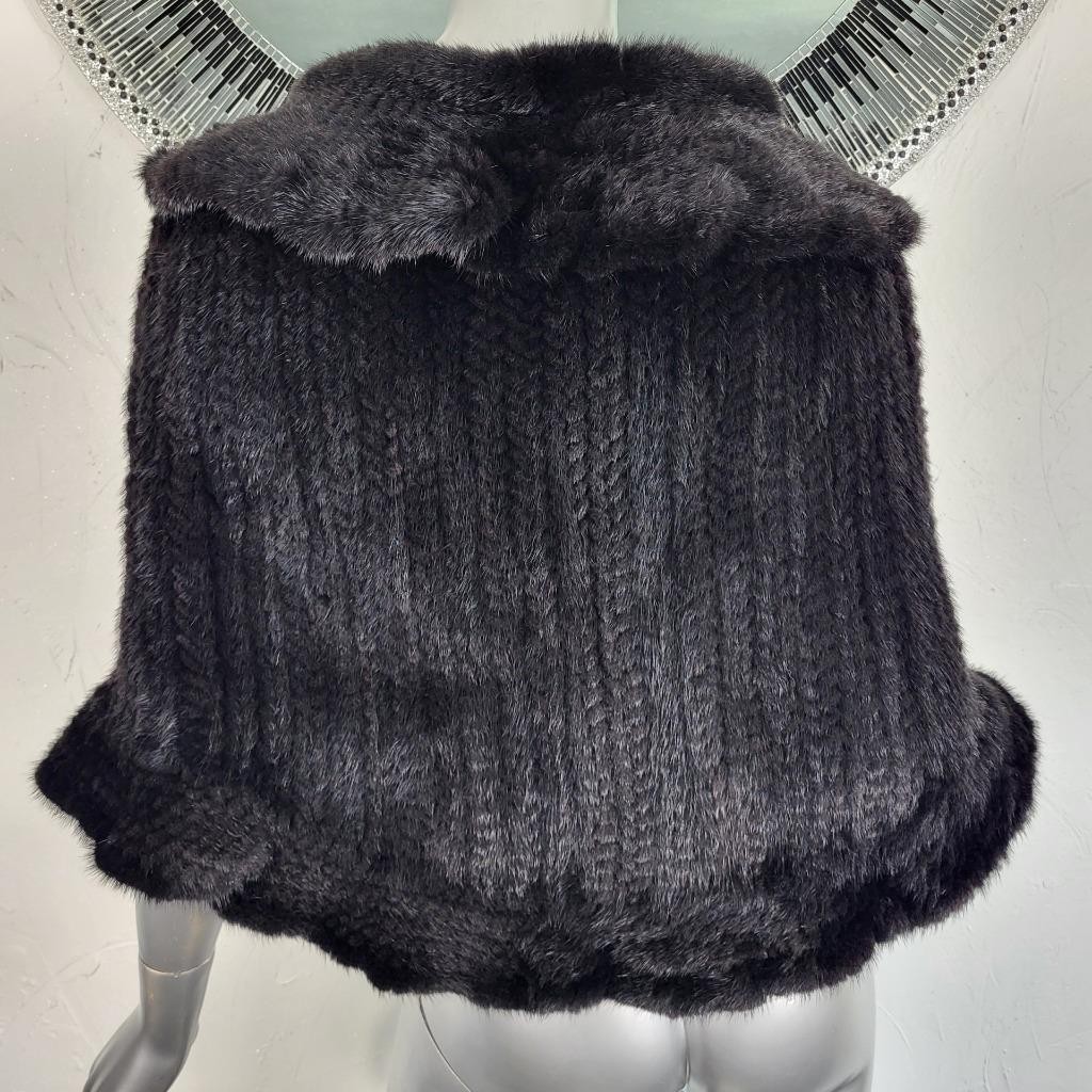 SAKOWITZ~S/M/L~VINTAGE BLACK KNITTED GENUINE REAL MINK FUR STOLE WRAP CAPE COAT