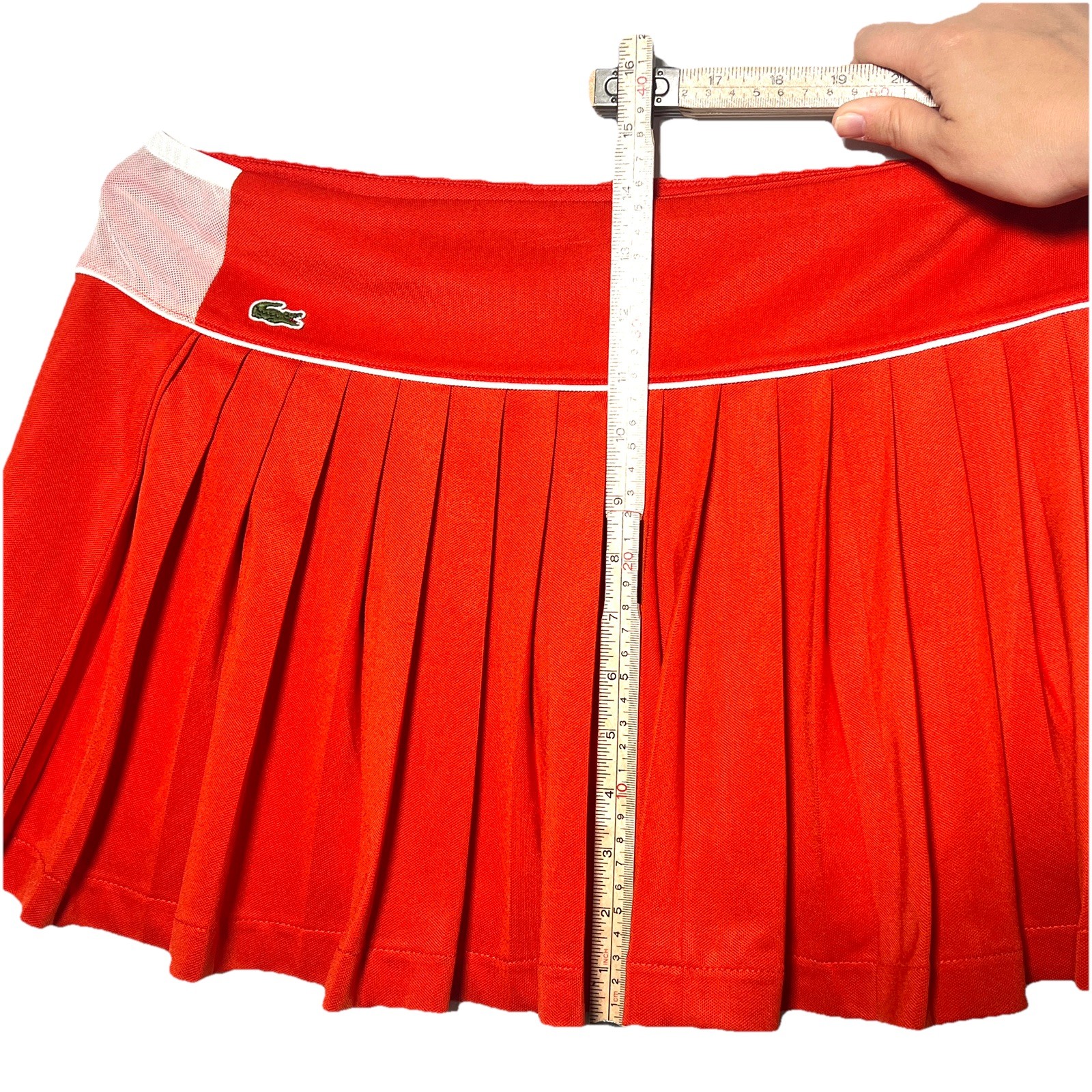 Lacoste Vintage Orange Pleated Mini Skirt Golf Tennis White Mesh Sporty Preppy