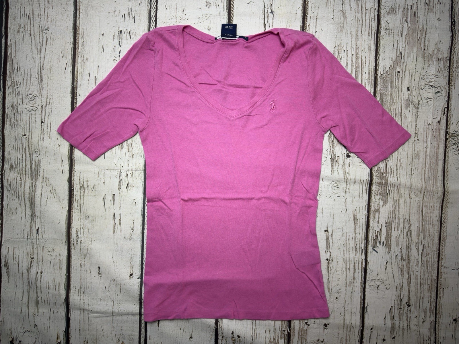 VTG Ralph Lauren Sport Solid Pink 1/2 Sleeve V-Neck Single Stitch T-Shirt – Sz L