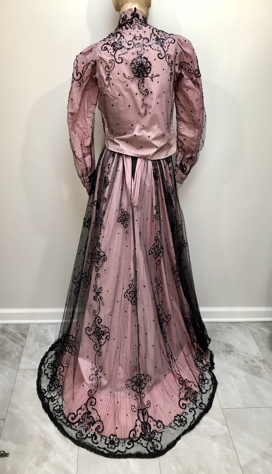 ANTIQUE VICTORIAN Early 1900s GIBSON GIRL PINK+Black JET SEQUIN BEADED 3Pc GOWN