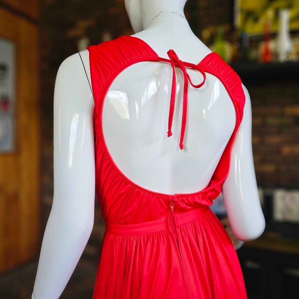 Vintage 70s Disco Cut Out Backless Red Draped Jersey Maxi Bra Dress Gown XS/S