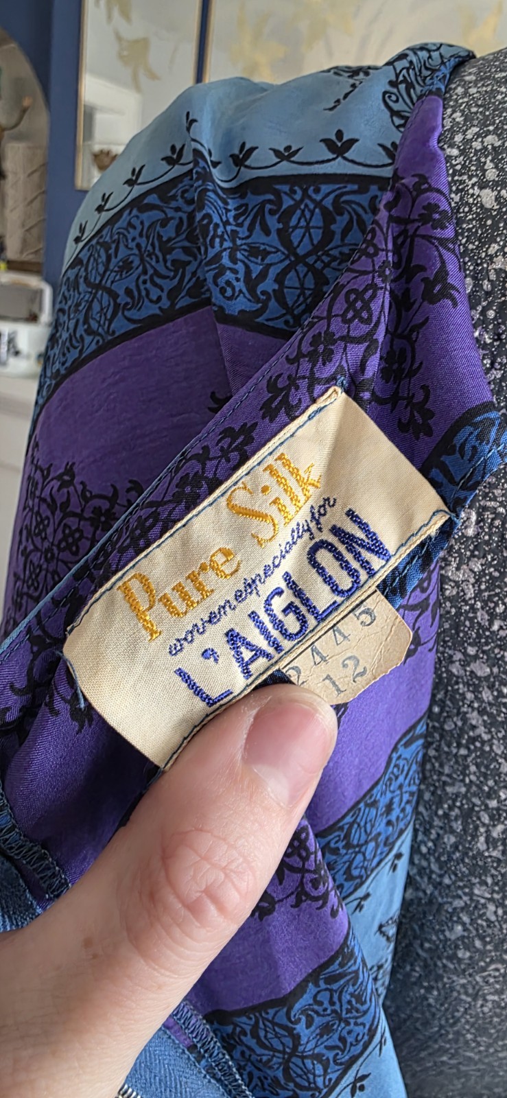 VTG L’Aiglon Pure Silk Dress Sz 12 Blue Purple Geometric Print Belted Pleated