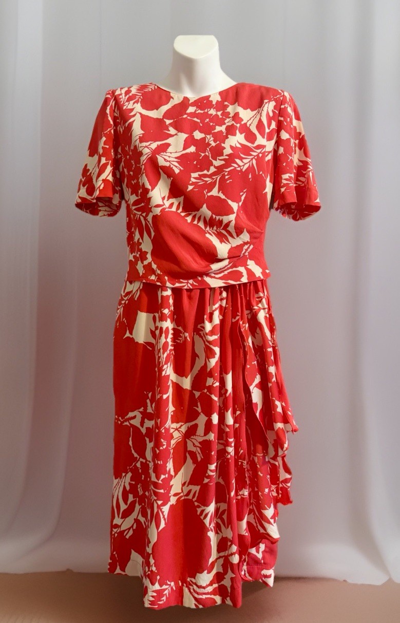 Vintage MIMMINA Dress Sz M (42) Italy Coral Floral Short Sleeve Colorful 1980s