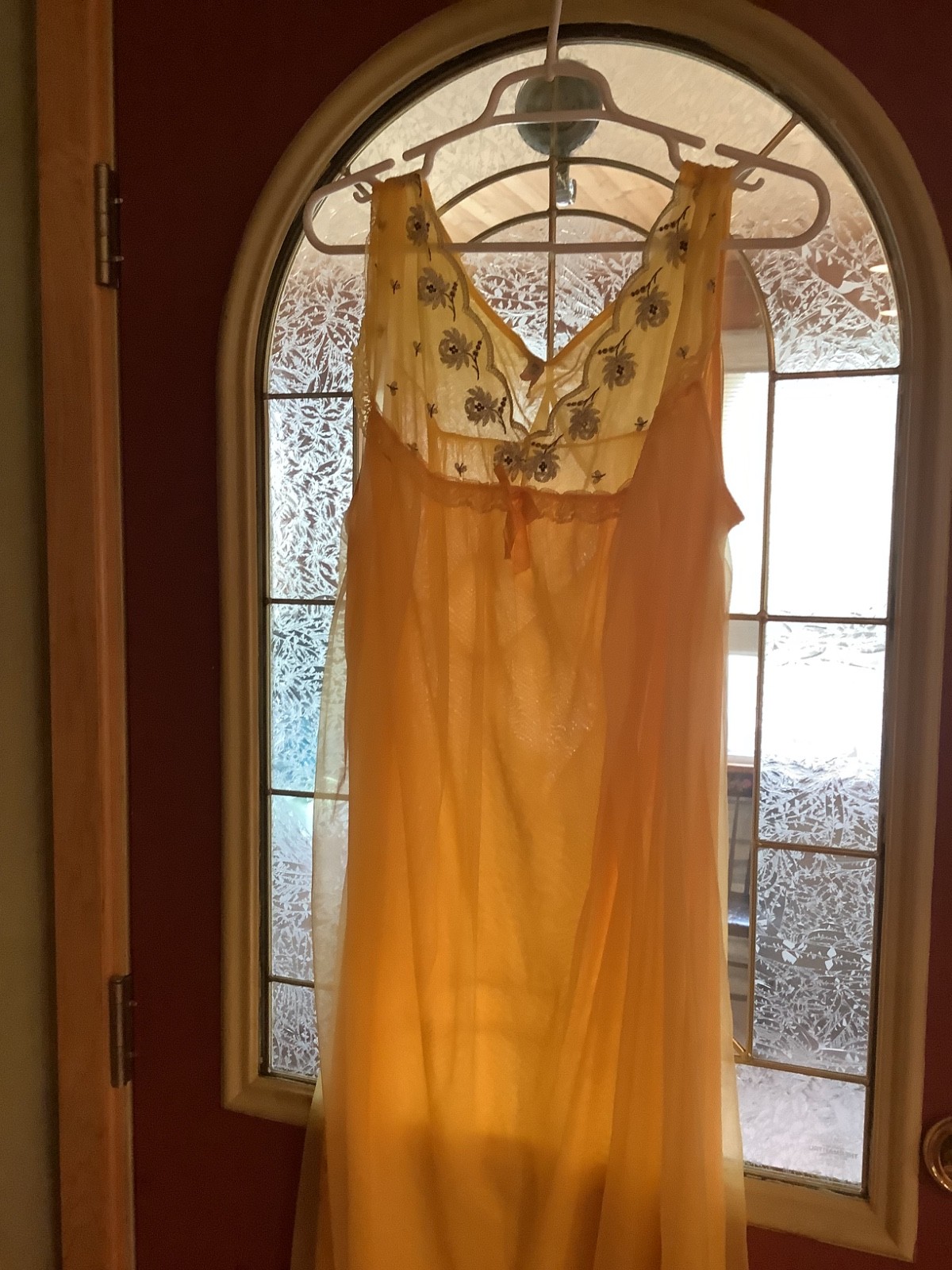 VTG ILGWU Nightgown Lingerie 100% Acetate Bright Yellow with floral bodice, Sz42