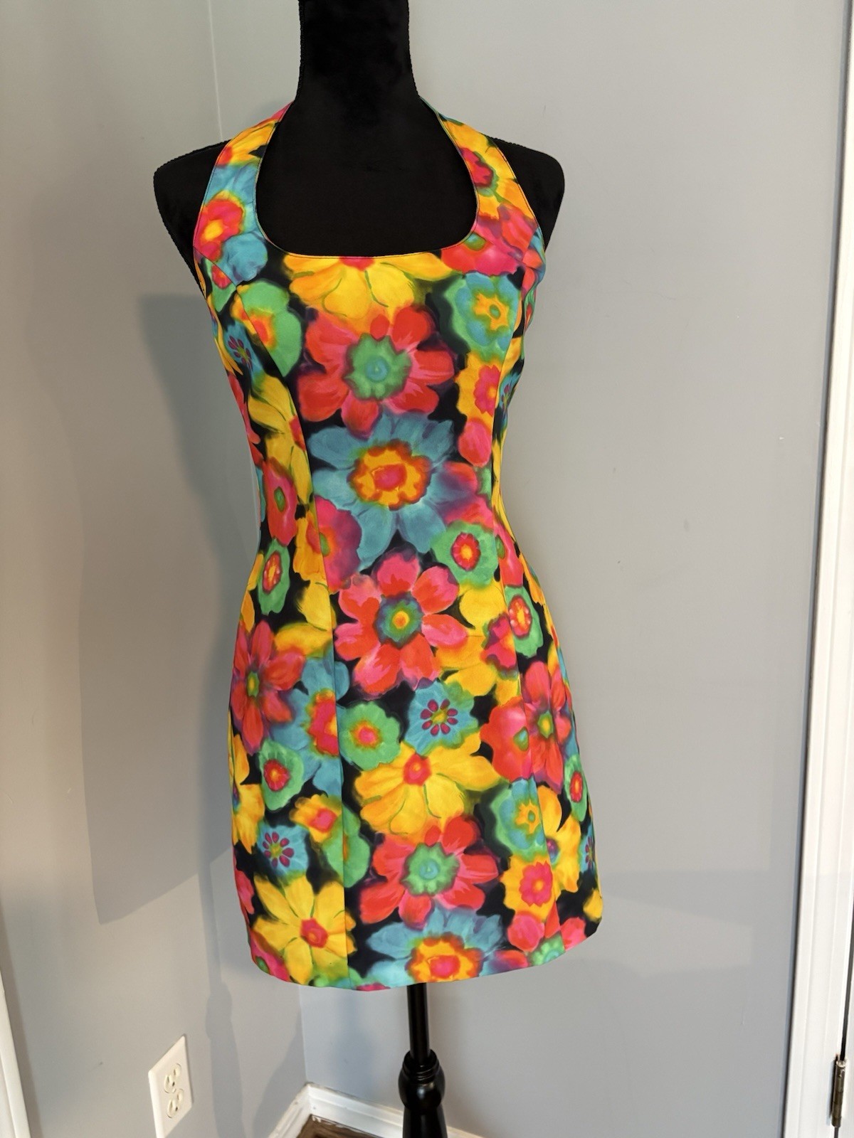 Vintage 90s does 60s Halter Mini Dress Psychedelic Rave Club Kid Acid House M