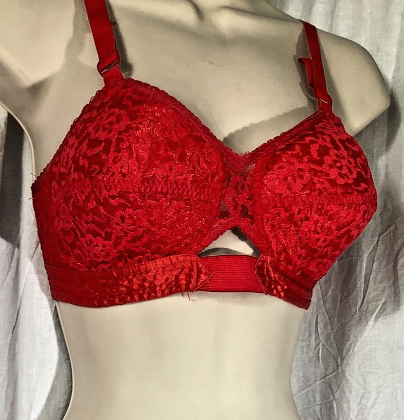 vintage Lovable bra Red lace Bullet sheer 36C pointy 60s retro Pinup wire free