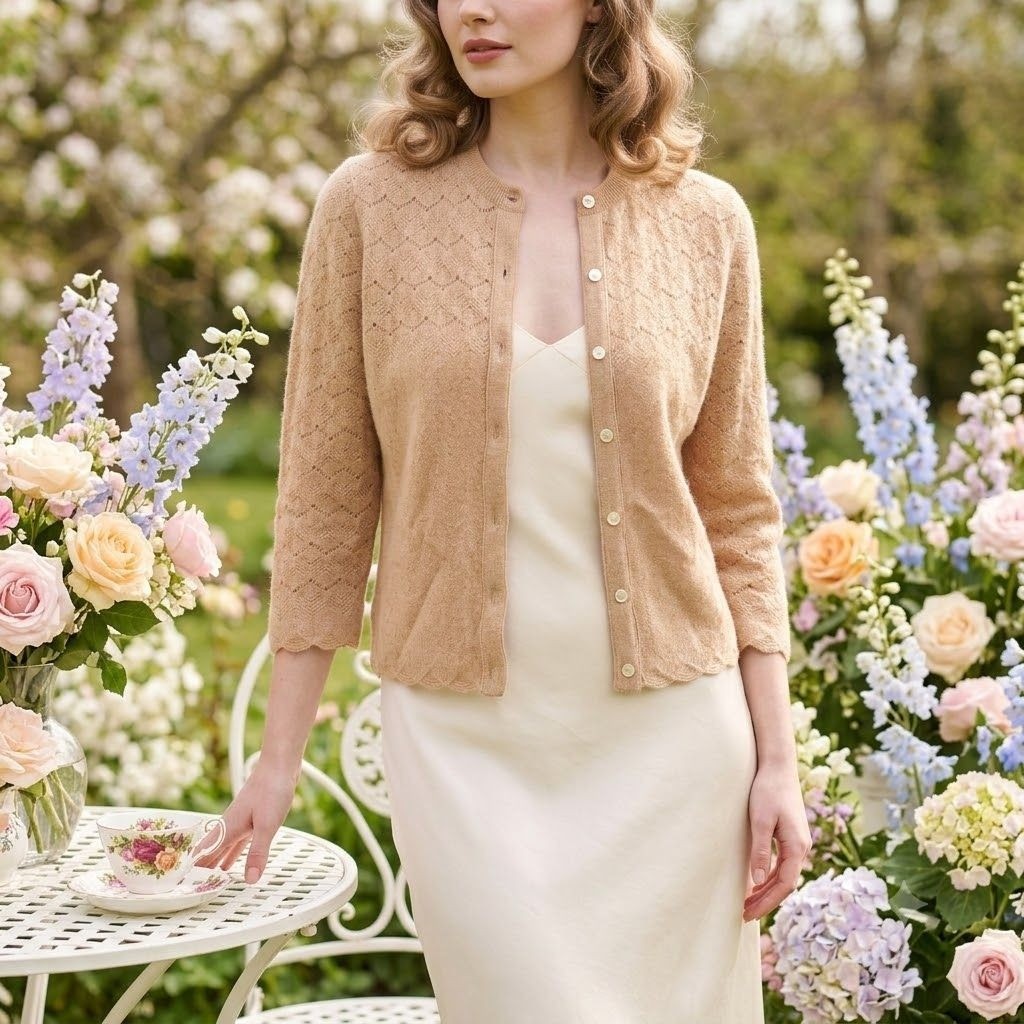 Vintage 60s Dalton Cashmere Cardigan Beige Pointelle Knit Mod Sweater Preppy S/M