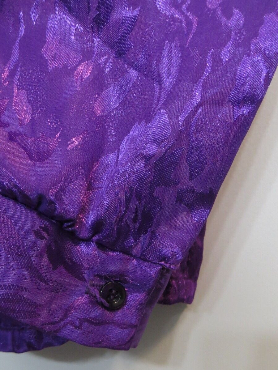 Vintage Lady Caribou Blouse Shirt Women Size 40 XL Button Up Shiny Purple Floral