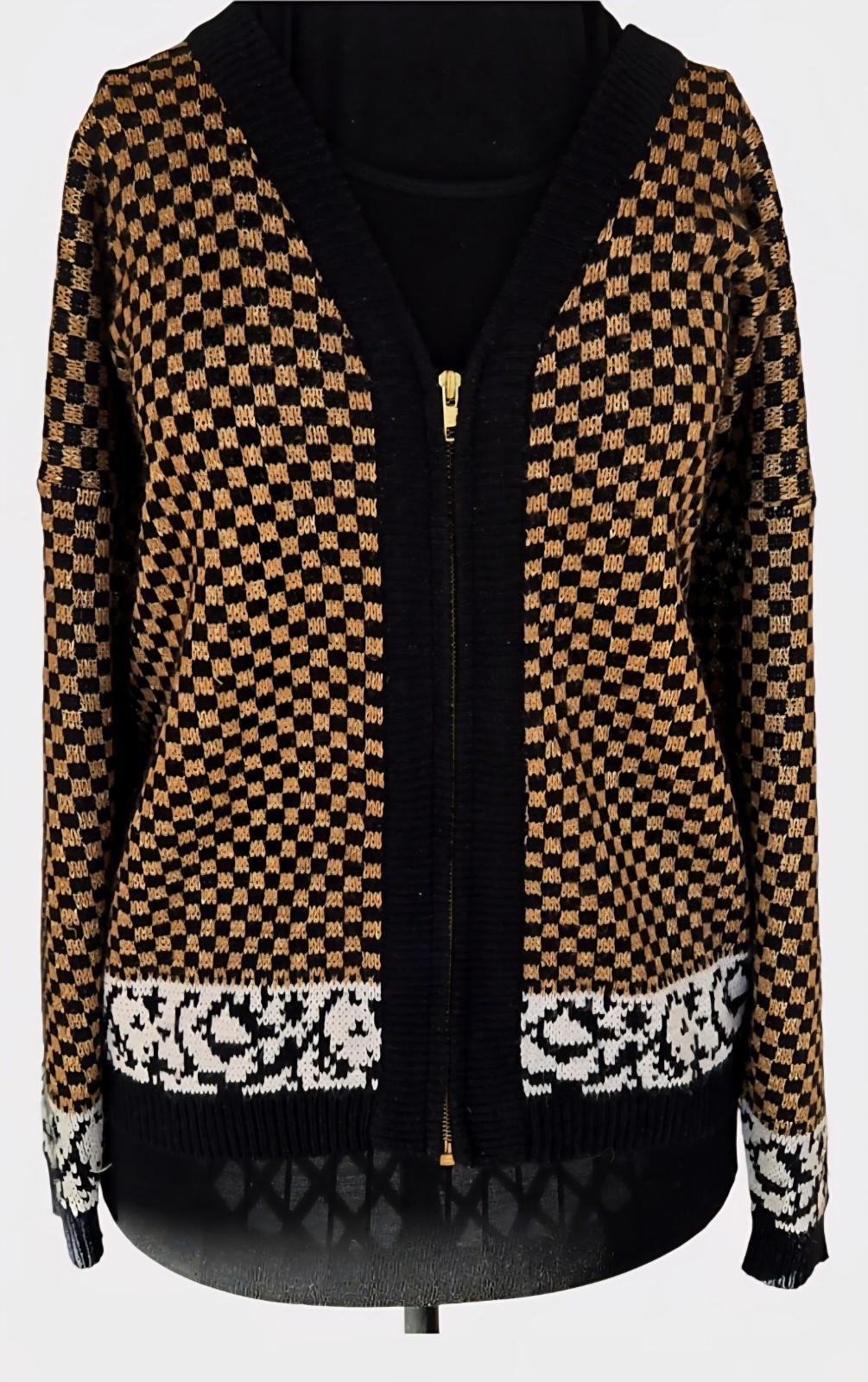 1980s GLADYS BAGLEY Metallic Gold And Black Checkerboard Cardigan Sweater Size M