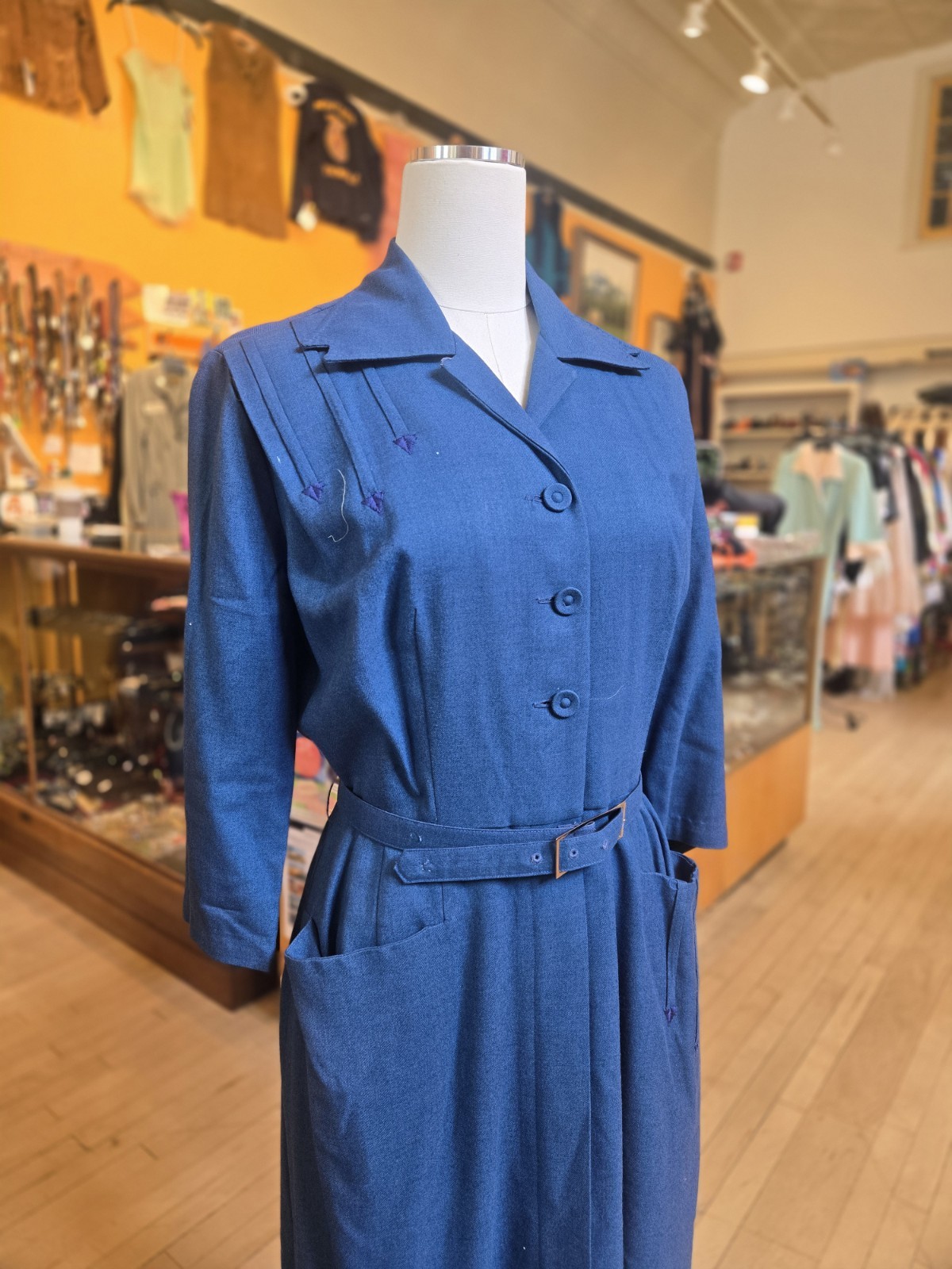 Vtg 1940s Alexander Of California Western Arrow Welt Slate Blue Cotton Day Dress