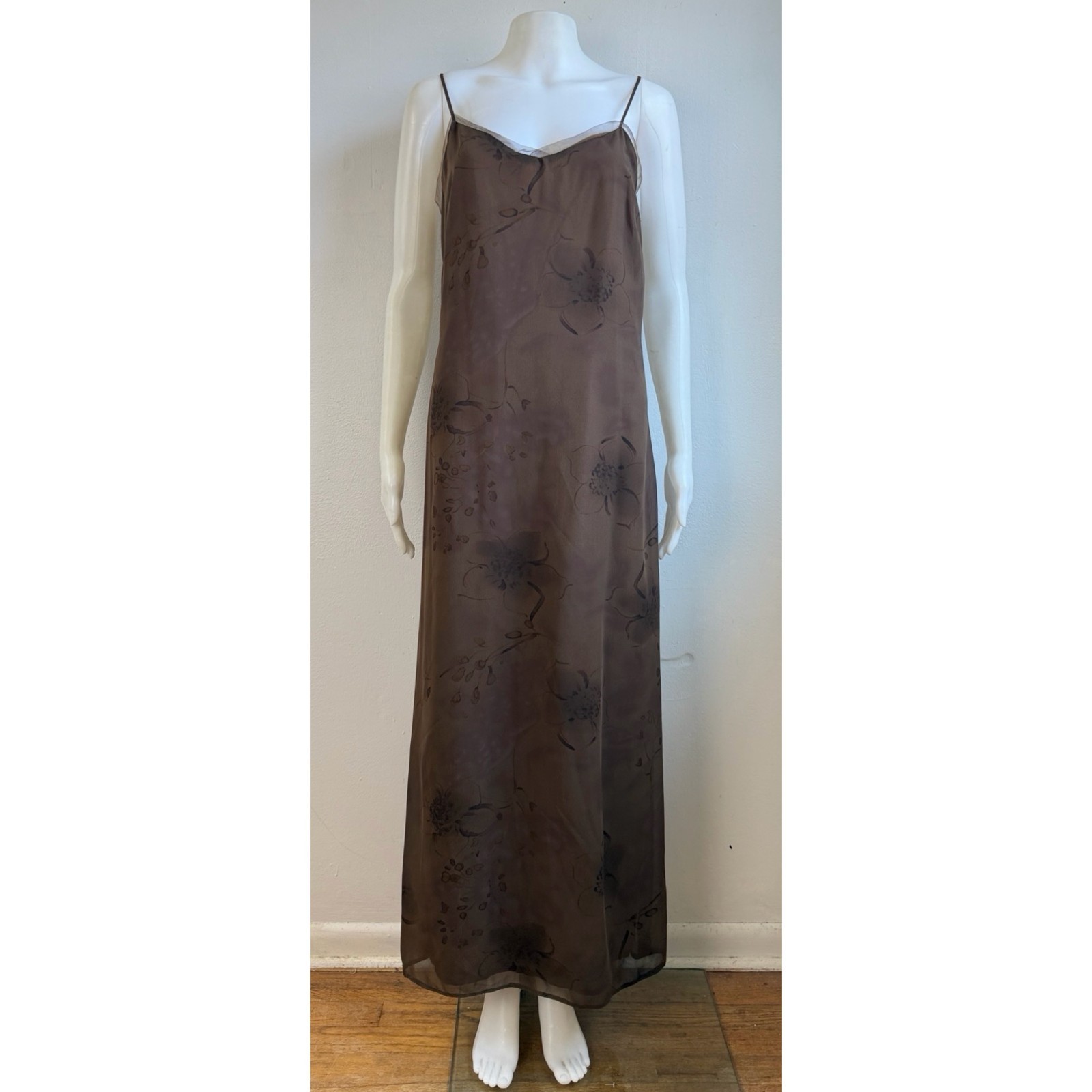 Vintage Brown Floral Print Slip Maxi Dress Size S/M 8 Sleeveless 90s David Warre