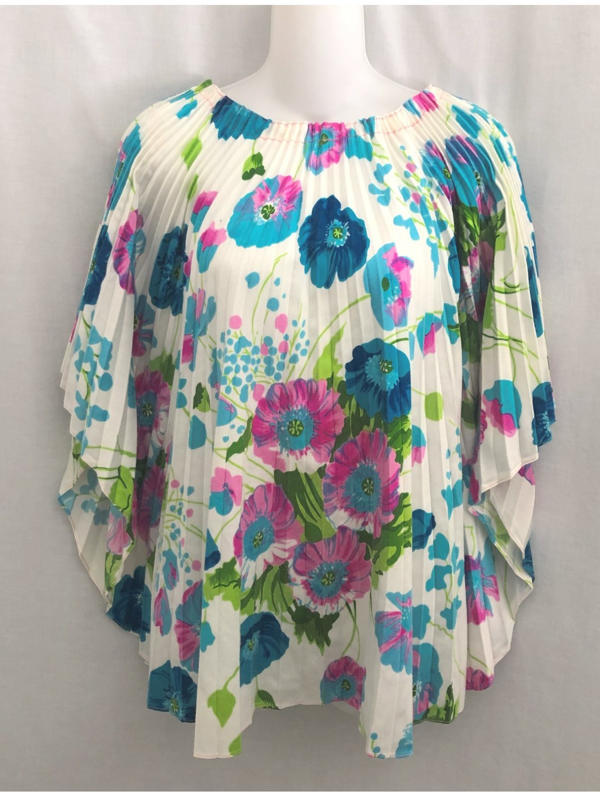 Vintage 70s Neon Floral Caftan Tunic Accordion Pleat Size S-M