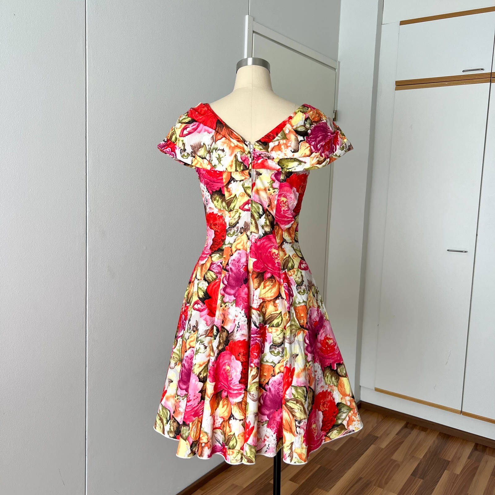 1980s Floral Rockabilly Cotton Dress Off Shoulder Fit & Flare Pin Up Party Retro