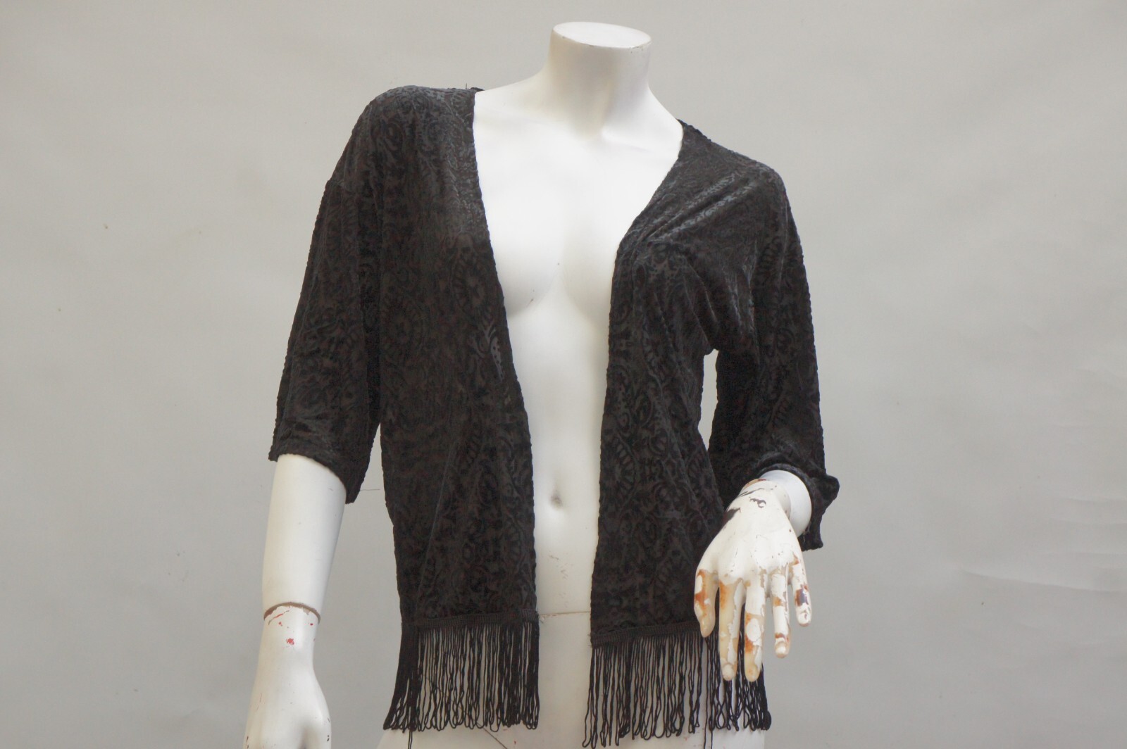 Vintage Black Burnt Out Velvet Fringe Cardigan Jacket Top