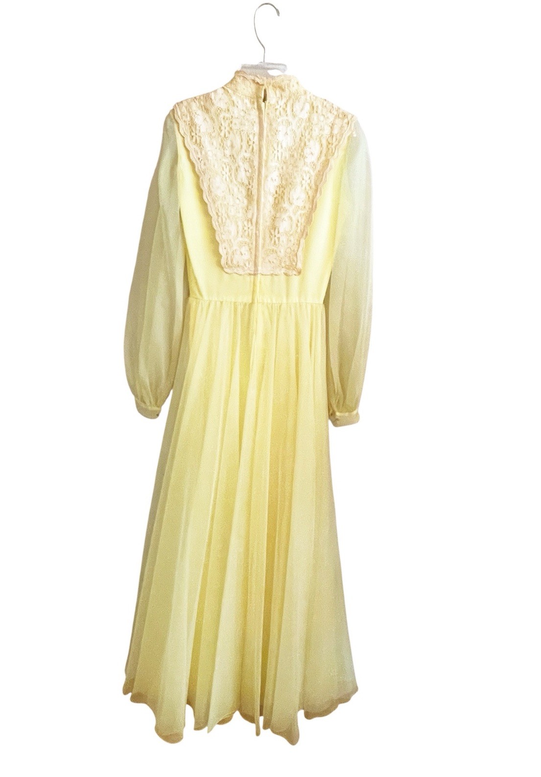VTG 70s Nadine Victorian Style Maxi Dress Yellow Chiffon Ivory Lace Bib Size 7