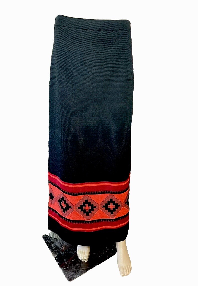 1960s Dalton Trevira Black Maxi Skirt With Red Geometric Design