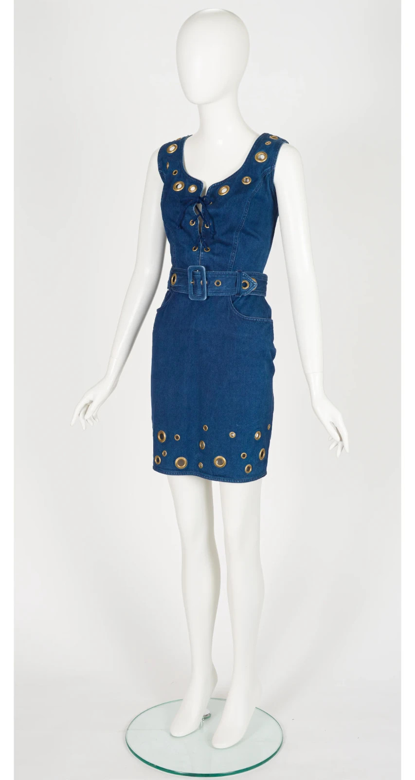 Moschino 1990s Blue Denim Grommet Lace-Up Vintage Sleeveless Dress