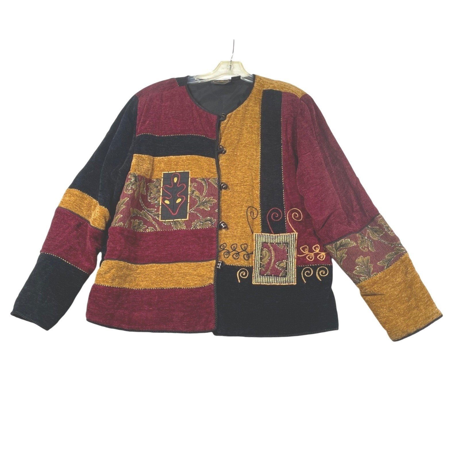 Vintage Allure Patchwork Tapestry Jacket Womens XL Burgundy Gold Black Rayon