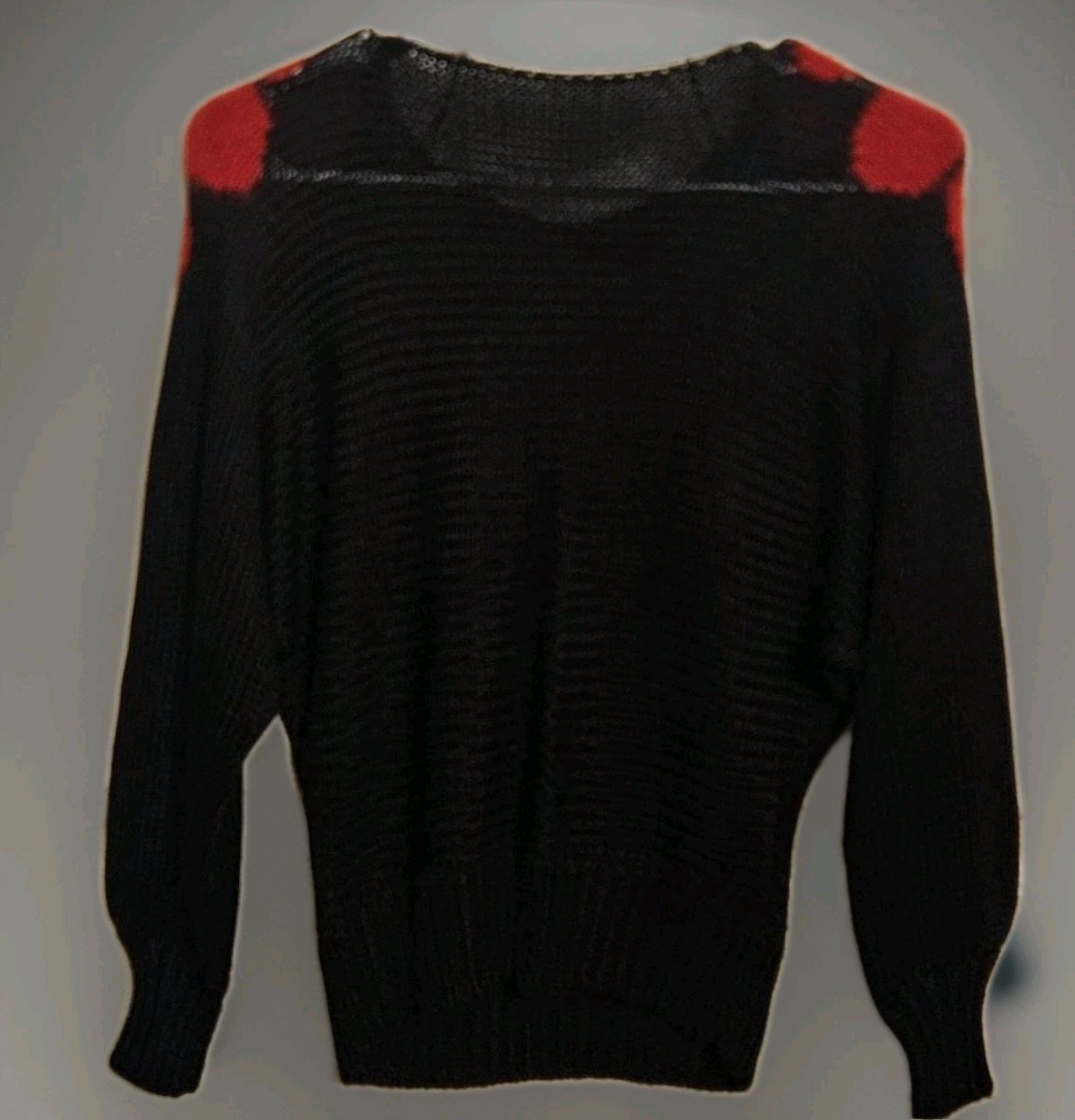 Vintage 80s Glam Red Black Angora Sweater S 3D Embellished New Wave Avant-garde