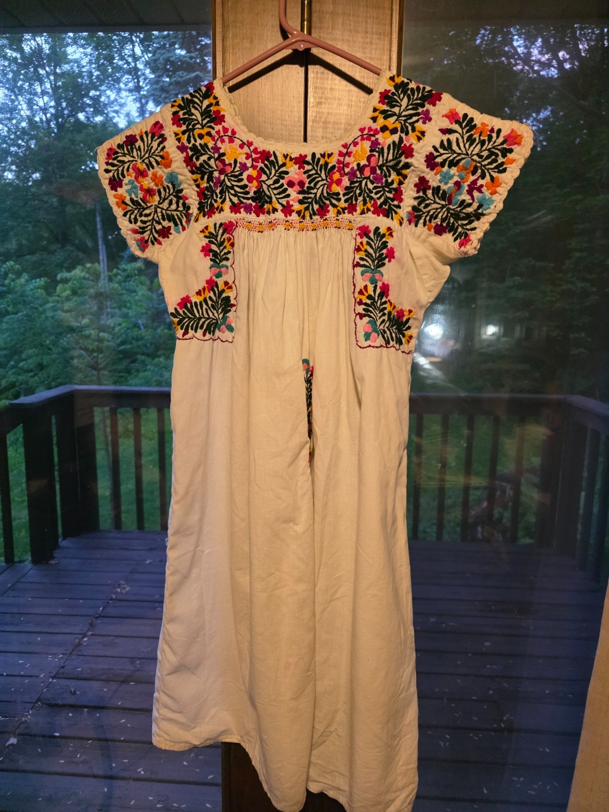 Handmade Guatemala Embroidered Folk Dress Floral Huipil Style White Cotton Boho