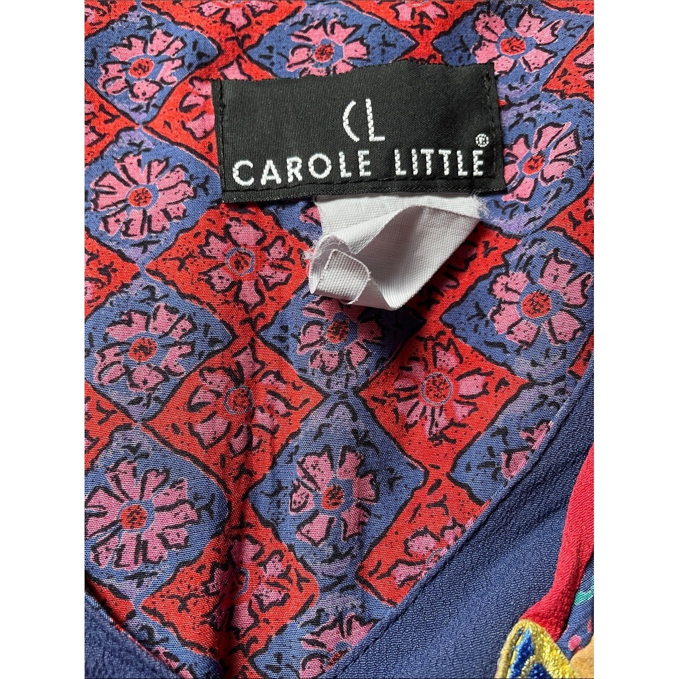 Vintage Carole Little Navy Blue V-Neck Blouse with Multicolor Tassel Trim Sz M