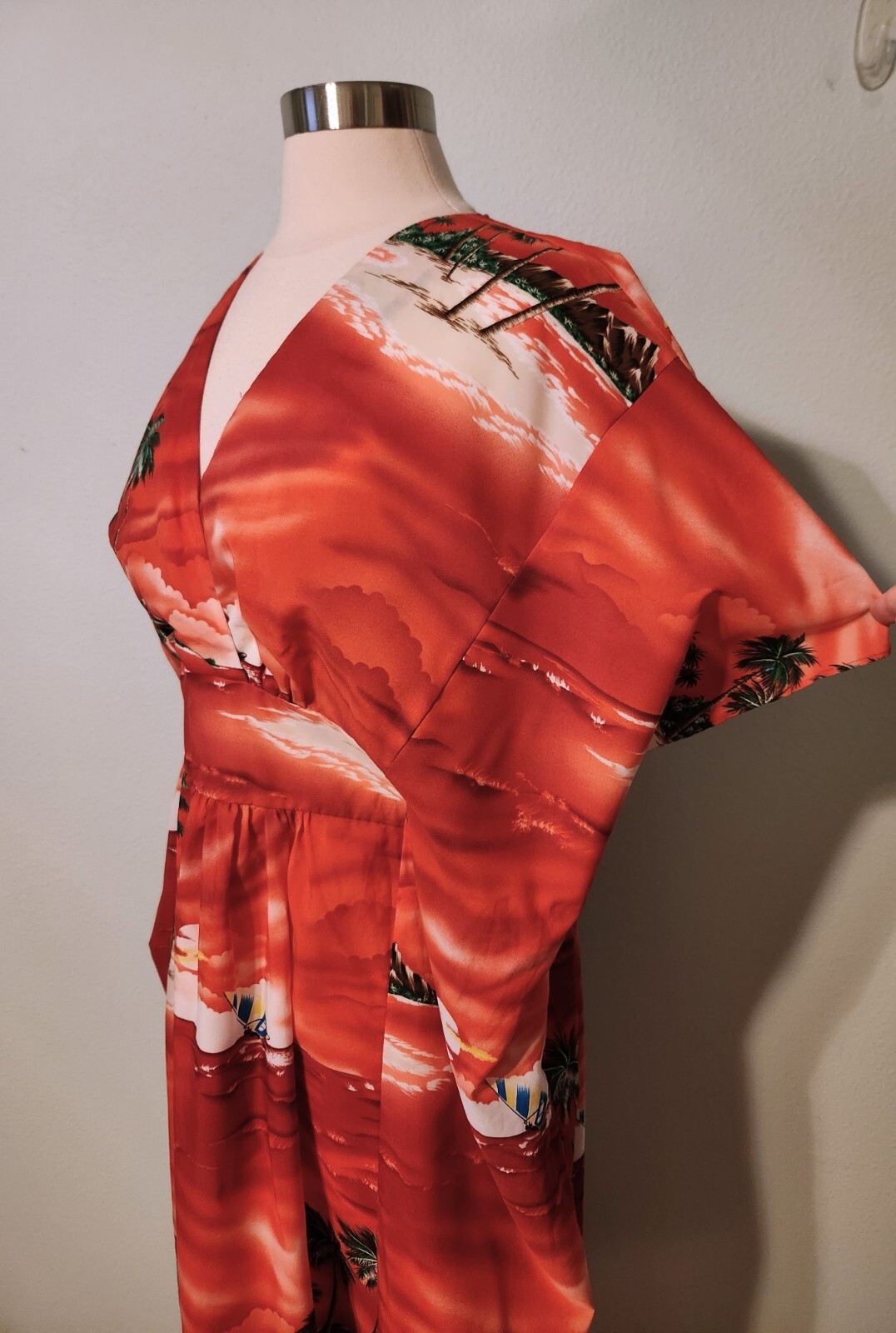 Vintage 1970s Red Sailing Hawaiian Tropical Beach Maxi Kaftan Back Tie One Size