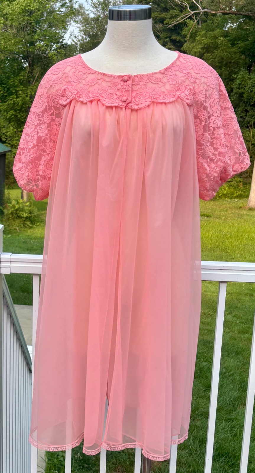 Vintage Sears Lace Puff Sleeve Sheer Nylon Chiffon Double Layer Robe 36