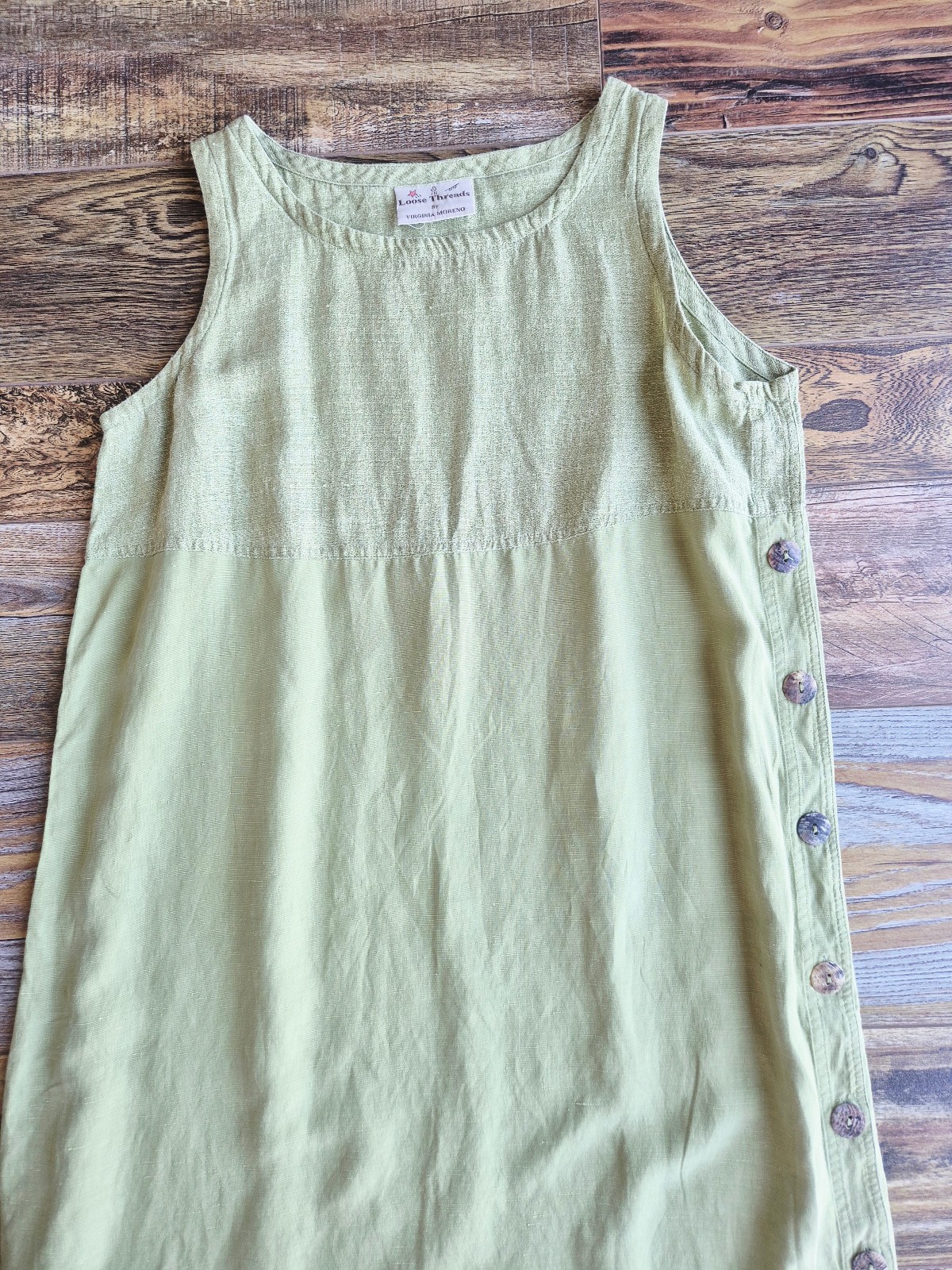 Vintage Loose Threads by Virginia Moreno Silk Linen Side-Button Dress Green Sz.S