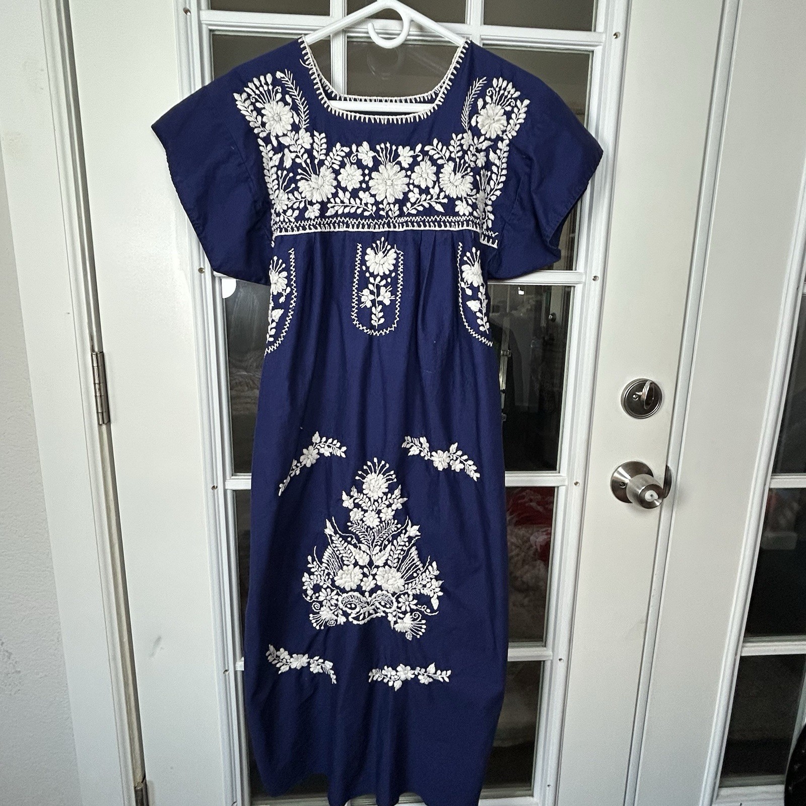 Vintage Mexican Oaxacan Hand Embroidered Midi Dress Navy Blue And White Floral