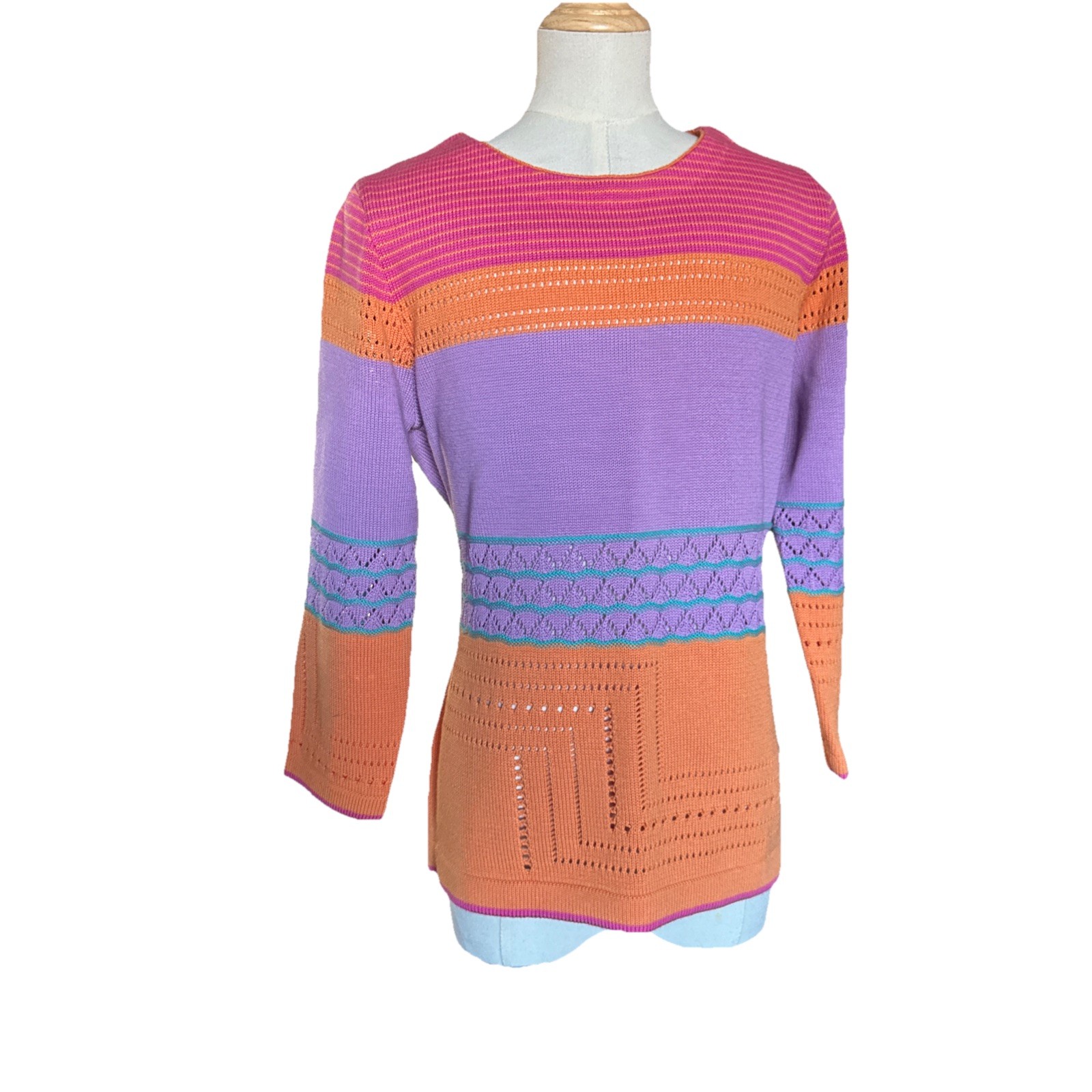 VNTG White Horse Knit Sweater Boho Art To Wear Geometric Pink Purple Orange S/M