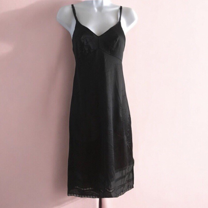 Vintage Gossard Artemis Full Slip Adj Straps Nylon Lace Black Negligee Size 32