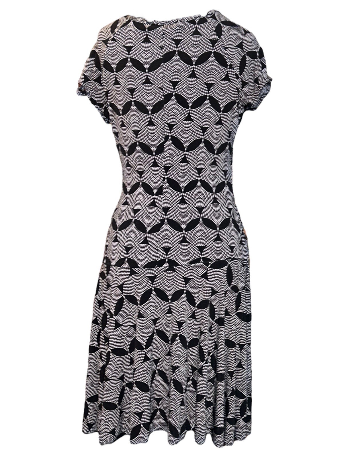 BCX V-Neck Cap Sleeve Ruching Bl/Wh Geo Print Short Faux Wrap Dress Women L VTG